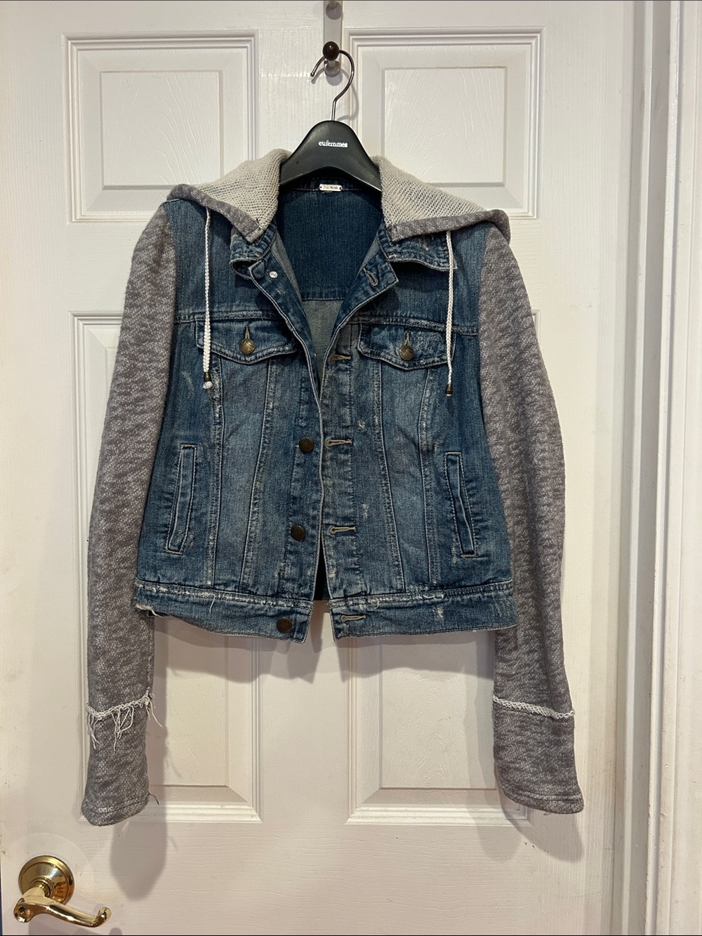 Free People Blue Denim Jacket with Gray Knit Hood & Sleeves